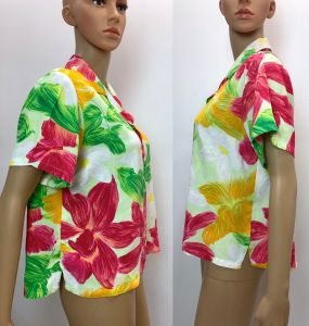 80s 90s Jams World Button Up Crop Blouse | Bright ''Orchadia'' Floral Pattern Women Vintage M - Fashionconstellate.com
