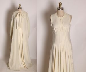 1970s Cream Off White Sleeveless Floor Length Keyhole Dress with Matching Fishnet Floor Length Cape