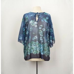 70s Blouse Turquoise Blue Floral Print Sheer Tie Neck Boho by Ro-Vel | Vintage Misses XL