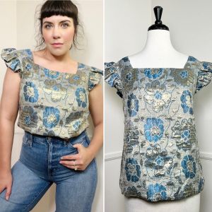 Curvy- Large to Extra Large | 1960's Vintage Blue and Gold Floral Brocade Blouse