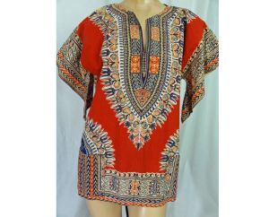 Vintage 70s Unisex Hippie Dashiki Shirt Cotton Pullover Rusty Orange Angel Wing Sleeves | 44'' Chest - Fashionconstellate.com