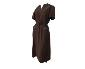 Plus Size Vintage 1950s Brown Garden Party Dress Summer Frock Embellished Braid Trim | 44'' Bust