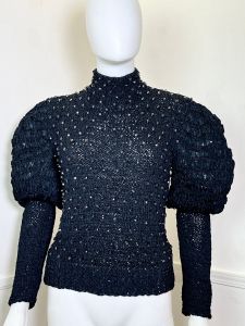 Medium to Large | 1980's Vintage Black Ribbon Crochet Beaded Sweater with Leg of Mutton Sleeves