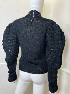 Medium to Large | 1980's Vintage Black Ribbon Crochet Beaded Sweater with Leg of Mutton Sleeves - Fashionconstellate.com