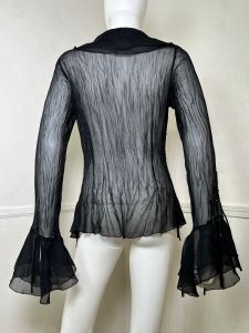 Medium | 1990's Vintage Sheer Black Beaded Ruffle Shirt with Bell Sleeves - Fashionconstellate.com