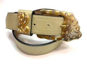 80s 90s Pale Gold Leather Belt w Large Abstract Buckle Rhinestones | Statement Avant Gardé