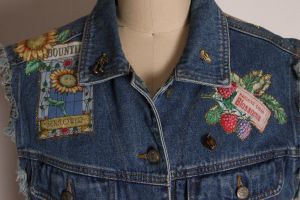 1990s Novelty Blue Denim Garden Seed Packets Patchwork Embroidery Vest by Gitano - L - Fashionconstellate.com