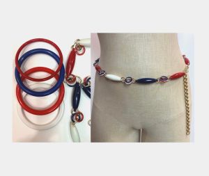 60s 70s MOD Red White Blue Bead & Chain Belt | Plastic Beads | 4 Bangle Bracelets | 24'' - 36''