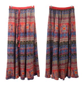 90s Y2K Bohemian Maxi Skirt | Soft Rayon Block Print Batik Pattern | Red & Multicolor | S/M - Fashionconstellate.com