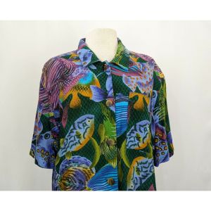 90s Tunic Top Green Purple Fish Print Short Sleeve by Campus Casuals | Vintage Misses M/L - Fashionconstellate.com