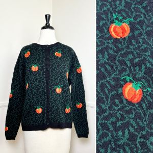 Small to XL | 1990's Vintage Pumpkin Themed Cardigan by Talbots | Halloween | Autumn Novelty Card