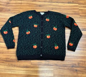 Small to XL | 1990's Vintage Pumpkin Themed Cardigan by Talbots | Halloween | Autumn Novelty Card - Fashionconstellate.com