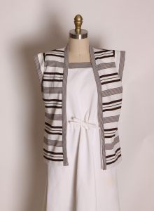 1970s White and Brown Striped Sleeveless Dress with Matching Open Front Jacket Outfit by Strait Lane - Fashionconstellate.com
