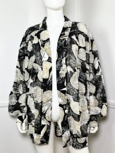 Curvy- Open Size to XXL | 1980's Vintage Black Seashell Print Open Front Cocoon Duster by Joyce