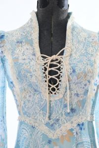 1970s Dress |  Vintage 70s Blue Cream Bishop Sleeve Prairie Corset Lace Maxi Dress |  Size XS - Fashionconstellate.com
