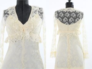 Vintage 1970s Cream Lace Maxi Simple Wedding Dress Bolero Set  |  Small Petite
