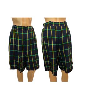 90s Dark Blue, Gold & Green Plaid Walking Shorts | Windowpane Preppy Long Pleated Front Cuff Hems 