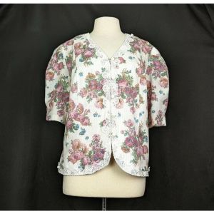 90s Jacket Beige Floral Print Lace Trim Short Sleeves by D.L. Originals | Vintage Women's 18W