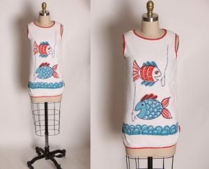 1960s White Sleeveless Novelty Fish Fishing Terry Cloth Top Swimsuit Cover Up - XS