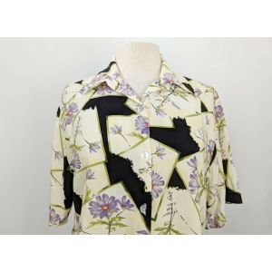 90s Blouse Black Floral Print Sayings Rayon Short Sleeve by Vivoli | Vintage Misses L - Fashionconstellate.com
