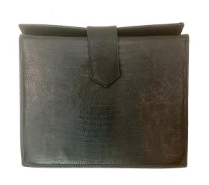 80s Black Leather Box CLUTCH | Square Lizard Stamp Minimalist Bag | Marshall Fields ITALY | W 8.75''  - Fashionconstellate.com