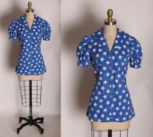 1970s Blue and White America Short Sleeve Novelty Stars Print Sailor Style Blouse - S