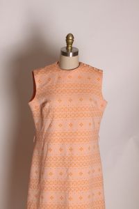 1960s Peach Pink Orange Geometric Sleeveless Polyester Shift Dress - L - Fashionconstellate.com