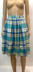 70s Madras Cotton Skirt | Teal Blue Yellow Lavender Plaid Pleated | XXS/XS 22- 25'' waist