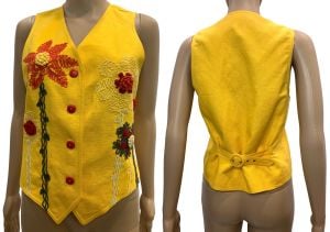 90s Y2K Cento x Cento Yellow Linen Flax & Cotton Vest with Floral Embroidery | Italy 38 fits XS/S