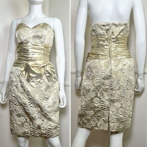 Medium- Size 12 | 1980's Vintage Gold Brocade Strapless Mini Dress by A.J Bari