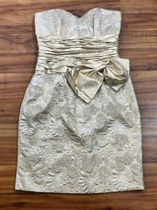 Medium- Size 12 | 1980's Vintage Gold Brocade Strapless Mini Dress by A.J Bari - Fashionconstellate.com