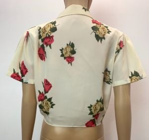 80s 90s Romantic Rose Print Tie Crop Top | Blouse | Fits S/M/L - Fashionconstellate.com