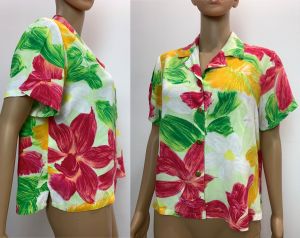 80s 90s Jams World Button Up Crop Blouse | Bright ''Orchadia'' Floral Pattern Women Vintage M