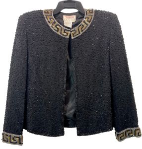 90s Y2K Black Heavily Beaded Silk Jacket Crop Length Greek Key Neck & Cuffs Gold & Silver Formalwear - Fashionconstellate.com