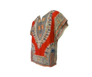 Vintage 70s Unisex Hippie Dashiki Shirt Cotton Pullover Rusty Orange Angel Wing Sleeves | 44'' Chest