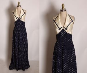 1970s Navy Blue and Cream Polka Dot Halter Open Back Full Length Formal Prom Dress - XXS