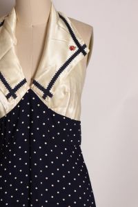 1970s Navy Blue and Cream Polka Dot Halter Open Back Full Length Formal Prom Dress - XXS - Fashionconstellate.com