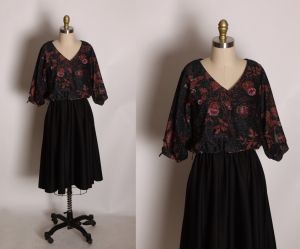 1970s Black, Copper and Red Lurex Half Sleeve Floral Dress by Lady Carol - M/L