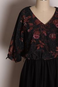 1970s Black, Copper and Red Lurex Half Sleeve Floral Dress by Lady Carol - M/L - Fashionconstellate.com