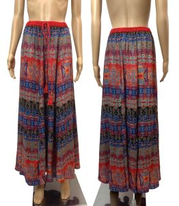 90s Y2K Bohemian Maxi Skirt | Soft Rayon Block Print Batik Pattern | Red & Multicolor | S/M