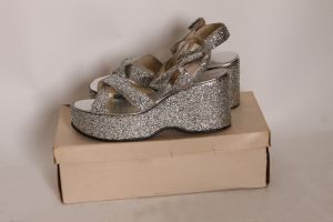 1970s Silver Glitter Wedge Platform Disco Heels Shoes by Charmette - Size 8 - Fashionconstellate.com
