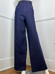 Large- 31 Waist | 1970's Vintage Blue Denim Wide Leg Sailor Style Jeans | Dungarees