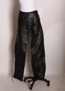 1980s Black Leather Lace Up Sides Motorcycle Biker Pants by First Genuine Leather - XL - Fashionconstellate.com