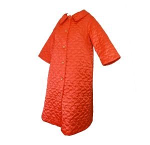 Vintage 1960s Orange Quilted Satin Robe Housecoat Bathrobe Button Down