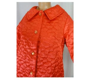 Vintage 1960s Orange Quilted Satin Robe Housecoat Bathrobe Button Down - Fashionconstellate.com