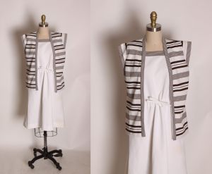1970s White and Brown Striped Sleeveless Dress with Matching Open Front Jacket Outfit by Strait Lane