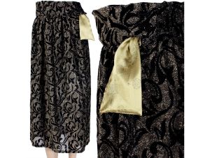 Vintage 1960s Black Metallic Gold Brocade Sheer Hostess Calf Skirt 60s | S