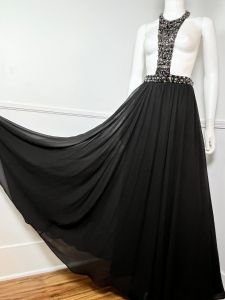 Extra Small | Y2K Vintage Black Beaded Halter Maxi Skirt by Bebe - Fashionconstellate.com