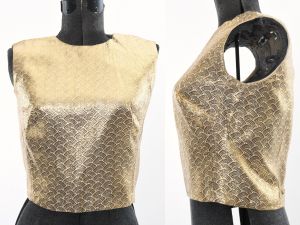 Vintage 1960s Gold Lame Sleeveless Pinup Shirt by Kay Silver | S