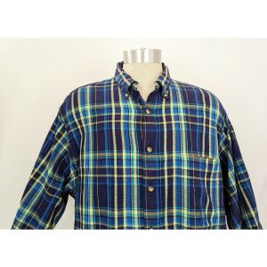 Vintage 90s Shirt Blue Plaid Short Sleeve Button Front by Lands End| Vintage Men's XLT - Fashionconstellate.com